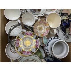 Assorted ceramics, to include Royal Doulton The Admiral plate, three Royal Crown Derby teacups and saucers decorated with pink roses, Royal Commemorative wares, etc., in one box 