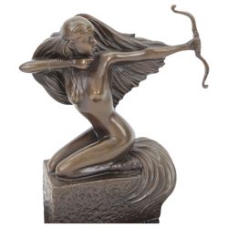 Bronze Sagittarius figure, modelled as a nude female figure with bow and arrow, signed Pino to base, upon marble plinth, H25cm 