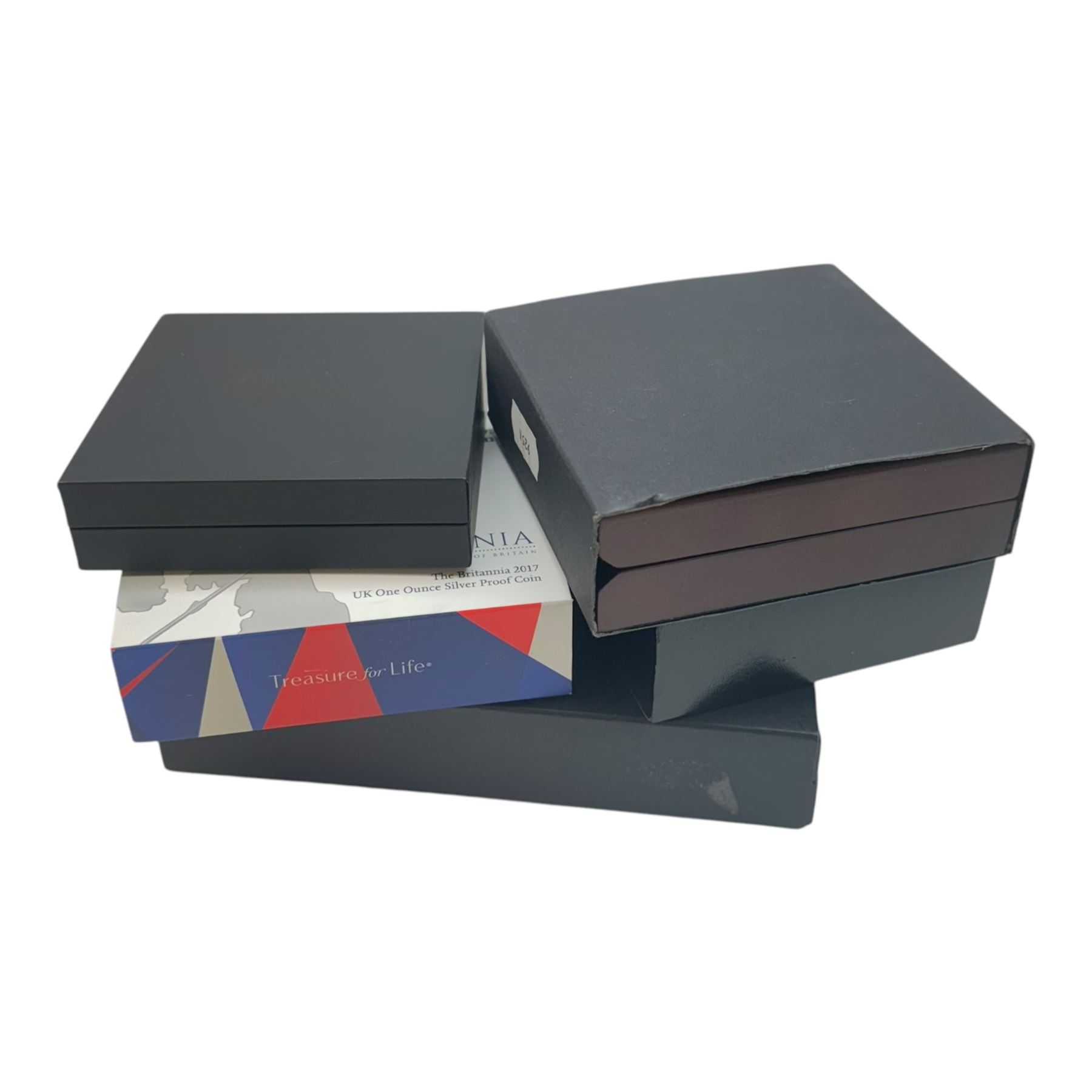 Five silver proof coins, comprising The Royal Mint United Kingdom 2016 'Shakespeare' one ounce two pounds, 2017 'Britannia' one ounce two pounds, Bailiwick of Jersey 2016 'Battle of Hastings' ten pounds coin bar, 2018 '100 Years of the Royal Air Force' five pounds and South Africa 'Krugerrand' one ounce, all cased with certificates