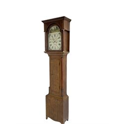 Thomas Gibson of Berwick - oak and mahogany 8-day longcase clock c 1860, with a flat topped pediment and recessed break arch door beneath, free standing pilasters with brass capitals, trunk with quarter columns to the corners and a wavy topped door, on a rectangular oak plinth with a shaped base,  painted dial with floral spandrels and a sporting scene to the break arch, Roman numerals, minute track and subsidiary seconds and date dial's, matching stamped brass hands pinned via a false plate to a rack striking movement, striking the hours on a bell. With weights, pendulum and key.   
