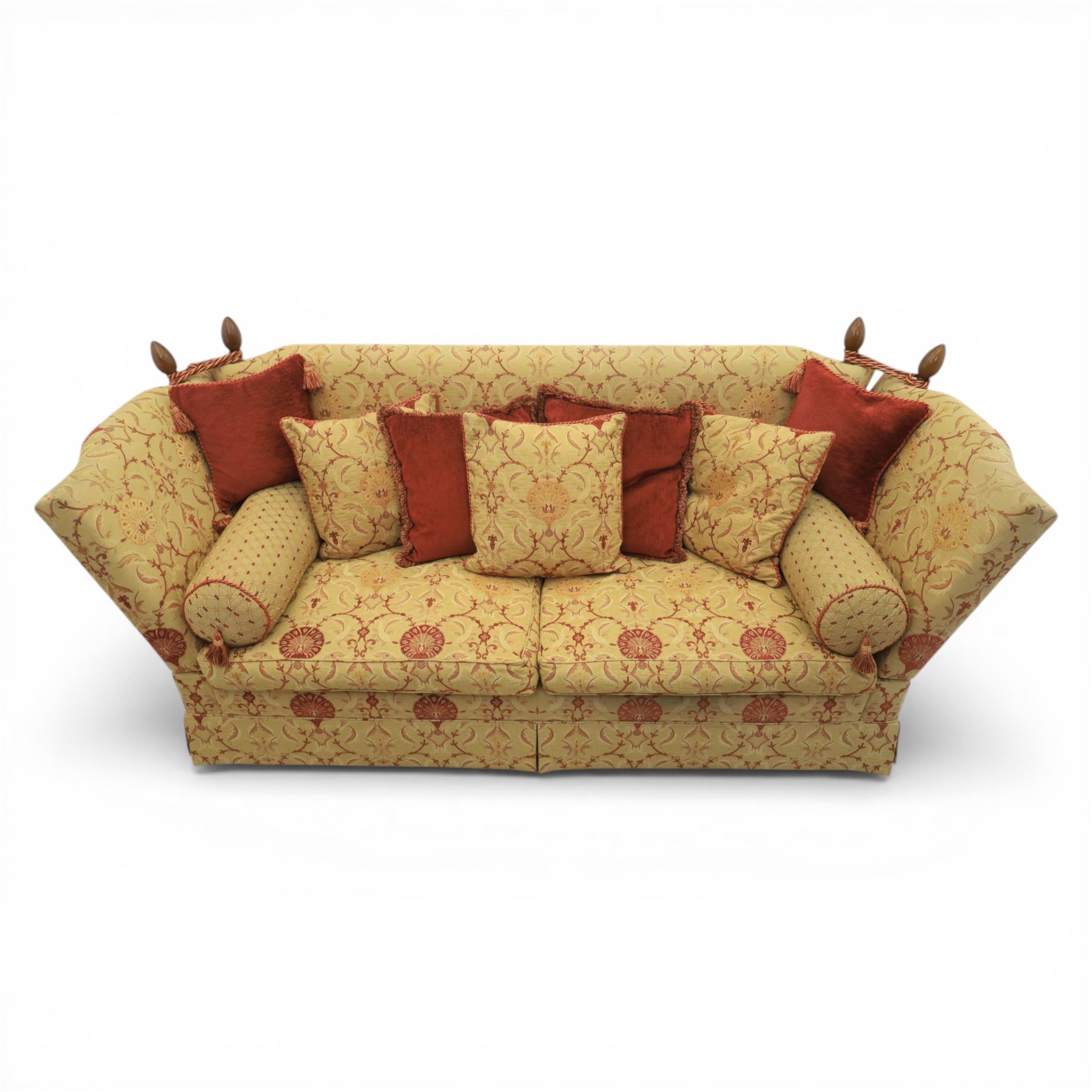 David Grundy - Grande Knoll style drop-arm settee in patterned fabric with nine associated scatter and bolster cushions