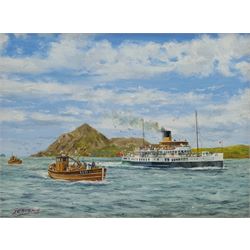 J C Burnie (British 20th century): Paddle Steamer Caledonia off Holy Isle, oil on canvas signed 29cm x 39cm