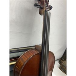 Early 20th century French Mirecourt violin with 35.5cm two-piece maple back and ribs and spruce top; bears label 'The Garrodus Violin H & Co No.1587 Anno 1912' L59cm overall; in modern fitted case with bow