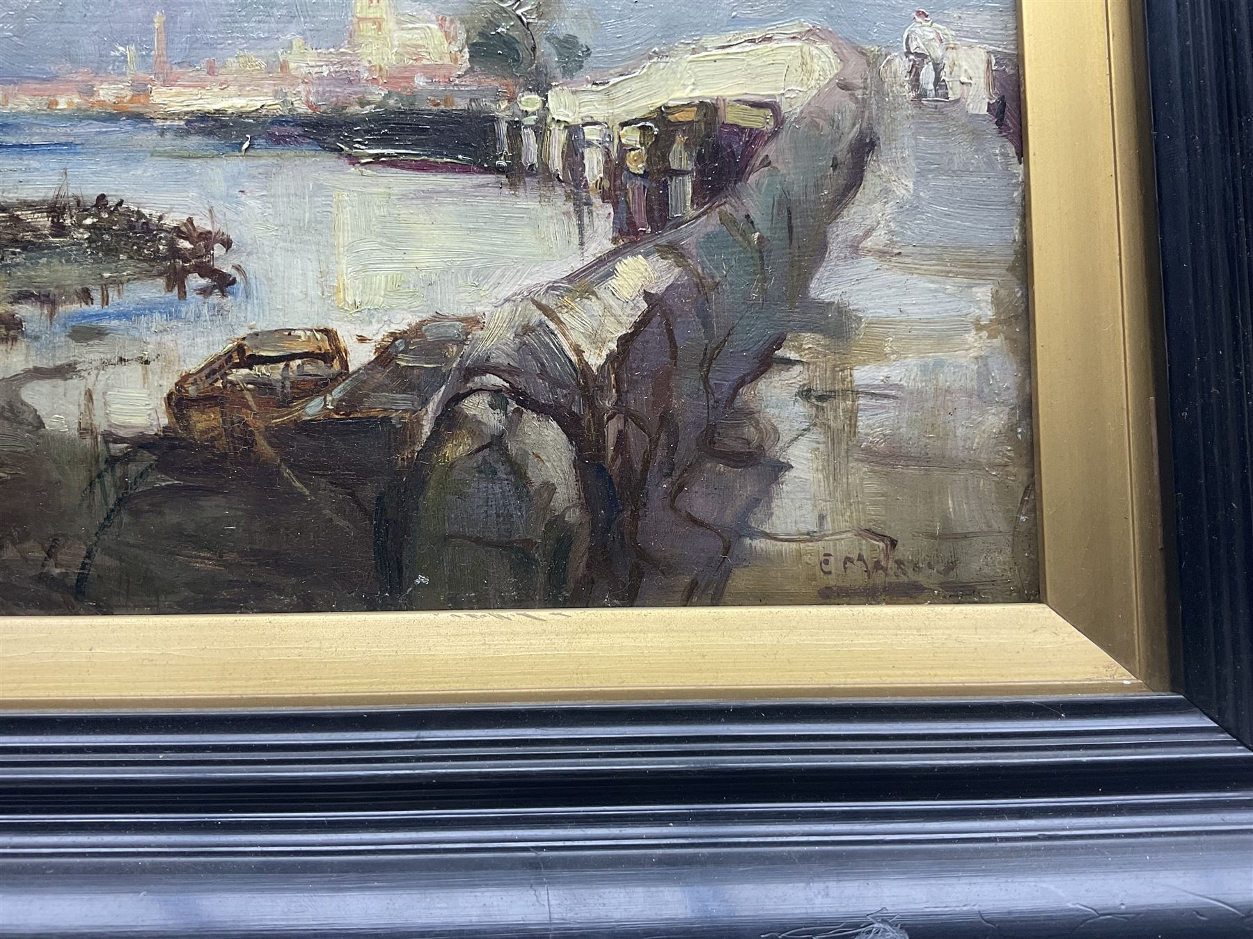 Frank Henry Mason (Staithes Group 1875-1965) and Edith Annie Mason (neé Townley-Fullam) (British 1877-1942): North African Landscape with Figures and Bridge, oil on board signed 25cm x 35cm 
Notes: Frank and Edith married on 26th February 1899 at St Matthew's Church in Elswick, Newcastle, and soon after moved to Rockside House, Blenheim Terrace, Scarborough. Edie (as she was known) was the daughter of Captain George Townley-Fullam (1841-1879), master's mate on the CSS Alabama during the American Civil War, who was lost at sea during a hurricane in the Bay of Biscay whilst captaining the steamer Marlborough.