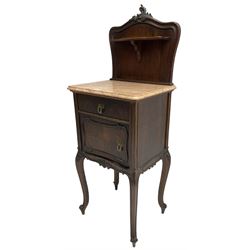 Late 19th to early 20th century walnut bedside pot cupboard, the shaped raised back with carved C-scroll pediment, pink variegated marble top, fitted with single drawer and cupboard, foliage carved cabriole supports with scroll carved terminals