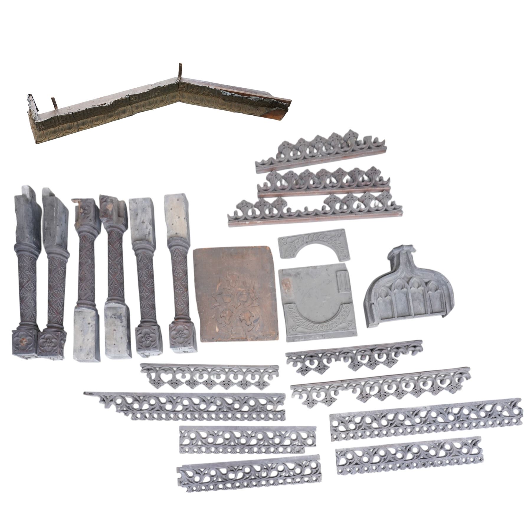 Architectural Salvage - Quantity of oak architectural feaatures including set of six carved communion rail supports, pierced and carved decorative panels, lead mounted pelmet etc
Note: Removed in the 19th century from the church in the grounds of a private Yorkshire estate 
Provenance: property of a Nobleman