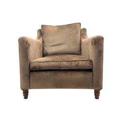 Duresta - three piece 'Finsbury' lounge suite comprising one three-seat sofa, a two-seat sofa and armchair, upholstered in mink coloured velvet, with box seat cushions and deep seat over tapered arms on short stained bun feet (Three seat H 80cm, W 207cm, D105cm, two seat H80cm, W168cm, D105cm, armchair H80cm, W89cm, D105cm)    
