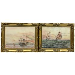 Newsome (British 20th century): British Man-of-War and Naval Battle, pair watercolours signed and dated '87, 30cm x 40cm (2)