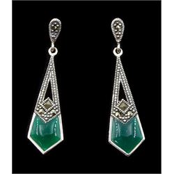 Pair of silver green onyx and marcasite pendant stud earrings, stamped 925