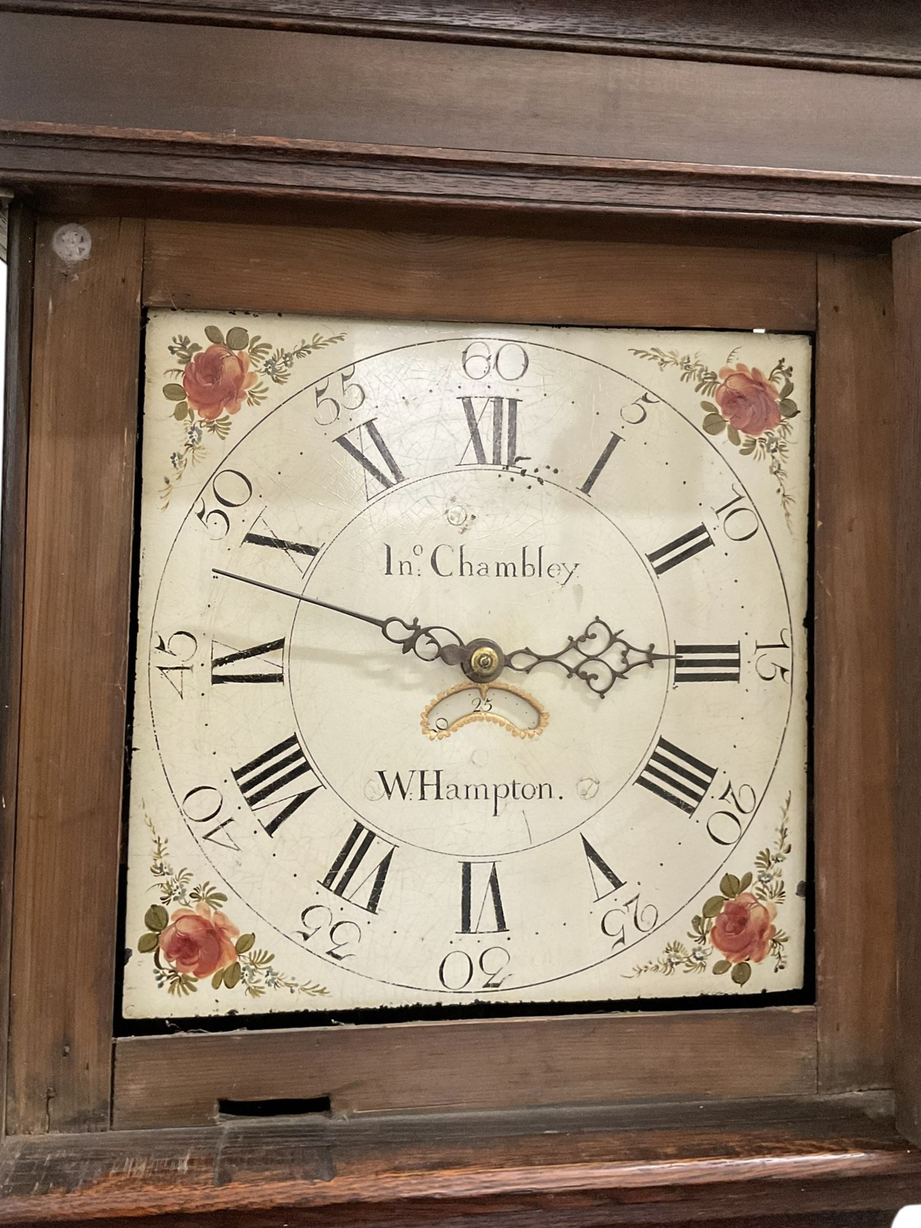 John Chambley of Wolverhampton - George III oak cased 30hr longcase clock c1790, with a flat topped hood and frieze, square hood door flanked by reeded pilasters with brass capitals, trunk with an inlaid full length door on a square plinth with applied skirting, 12