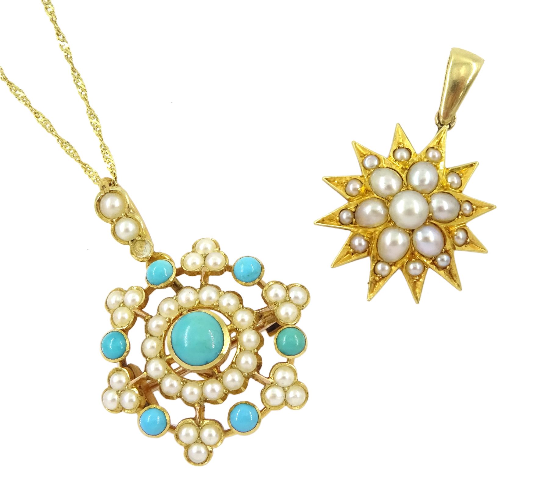 Early 20th century 15ct gold split pearl star pendant and a 15ct gold turquoise and split pearl pedant / brooch, with detachable bail, on later 9ct gold chain