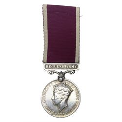 George VI Long Service and Good Conduct Medal with 'Regular Army' suspender awarded to Lieut. J. Reilly Manch.; with ribbon; some biographical details