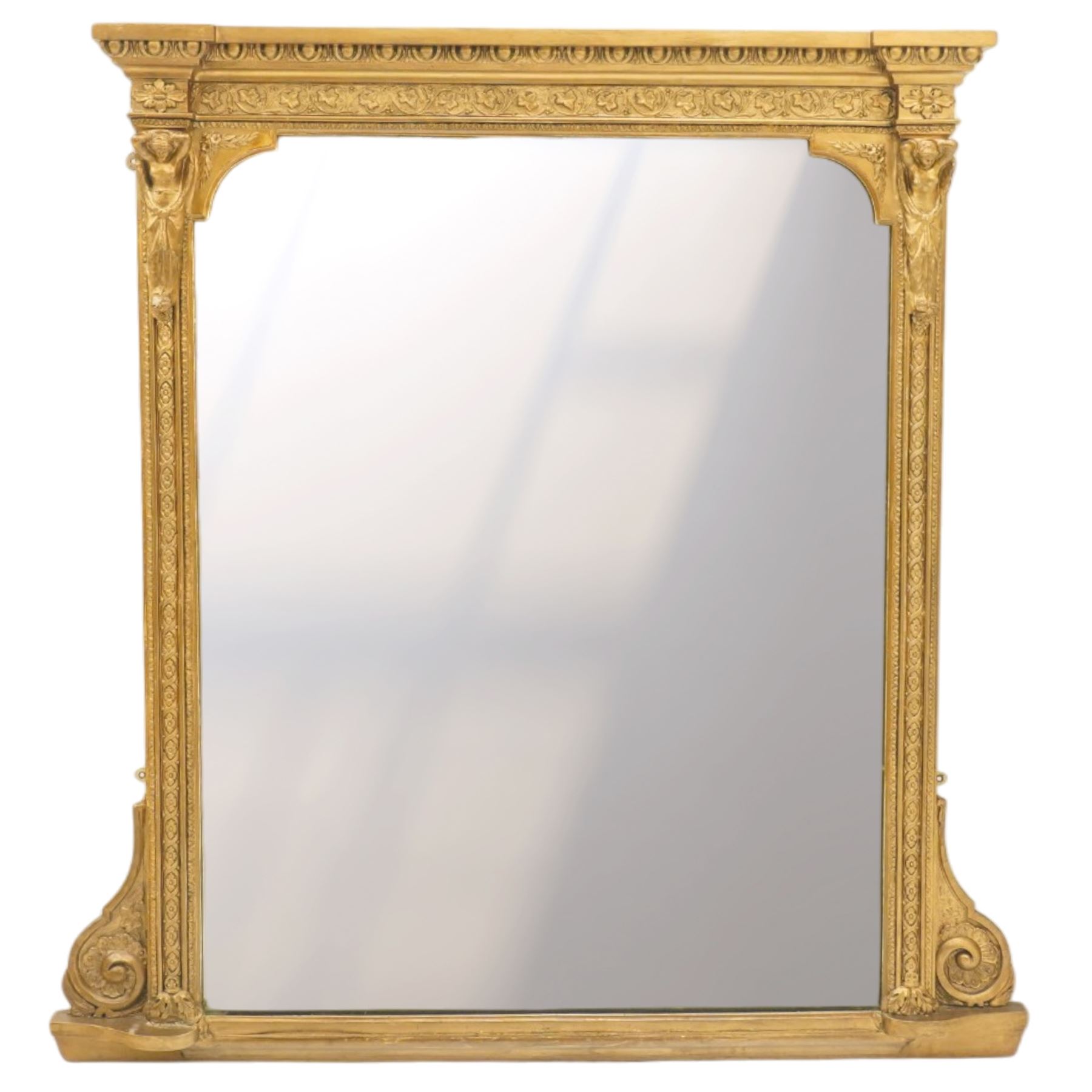 Large Victorian giltwood and gesso pier mirror, plain rectangular mirror plate enclosed by moulded frame with egg-and-dart cornice, foliate frieze and classical caryatid uprights, the lower corners decorated with scrolling acanthus, on shaped plinth base