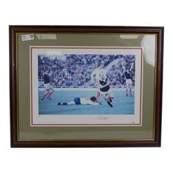 Two limited edition Brian Carney and Martin Johnson signed prints, together with a signed football print and a Ryder Cup print, all framed, frames H65 x W81cm