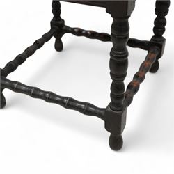 Victorian carved oak corner chair, shaped arms carved with trailing leafy branches, pierced splats over panelled seat, on bobbin turned supports and stretcher