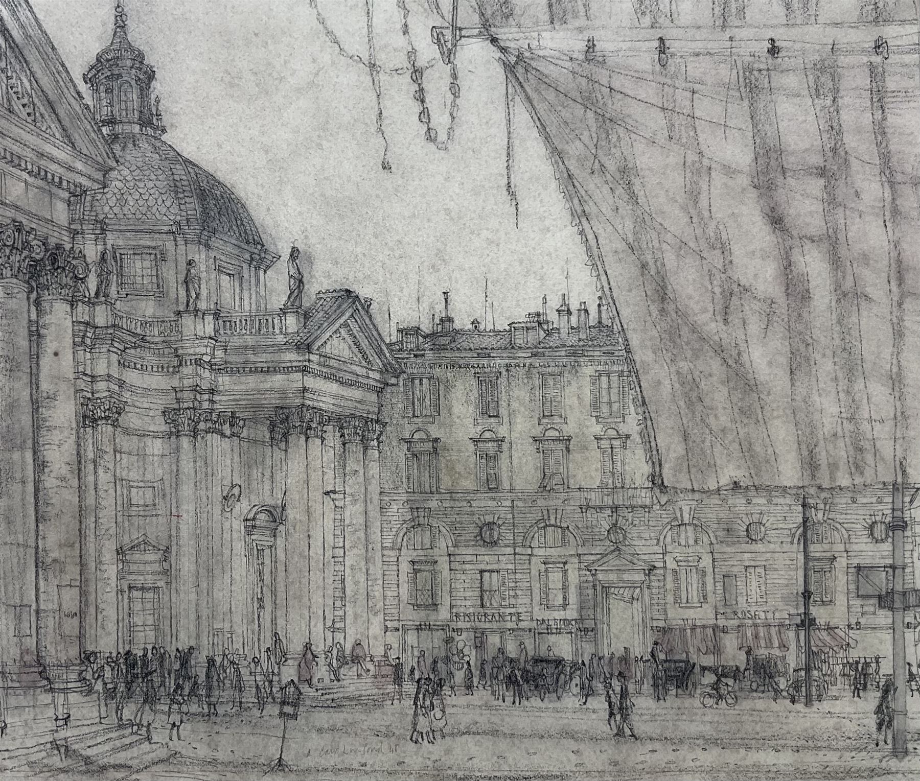 Alan Carr Linford (British 1926-): 'Piazza del Popolo' Rome, pencil and wash signed '48, titled on label verso 26cm x 30.5cm
