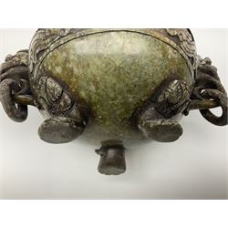 Three piece Chinese censer, sculptured hardstone, with ring and dragon-head handles and raised upon three paw feet, H26cm