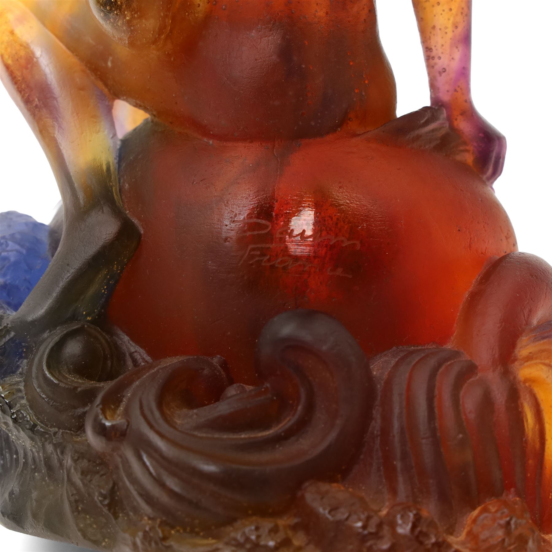 Daum 'Kneeling Angel', glass bowl held aloft by a pate de verre figure, incised Daum France, boxed, H28cm 
