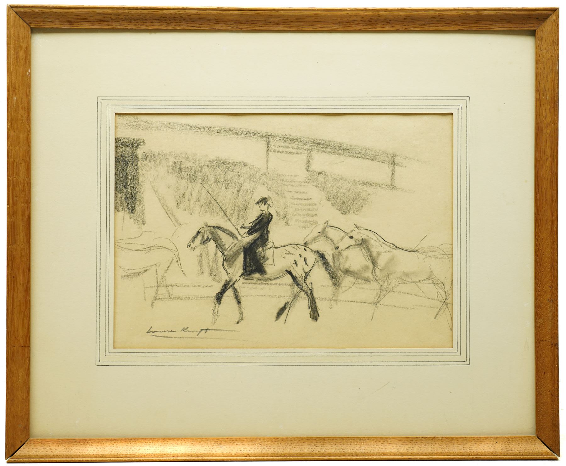 Dame Laura Knight (Staithes Group 1877-1970): 'Circus Rider and Horses', charcoal signed, titled on Peter Haworth label verso 25cm x 36cm 