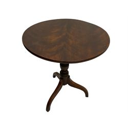19th century mahogany tripod table, circular figured top on turned pedestal, three spayed supports