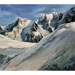 Barrie Petterson (British Contemporary): 'The Climb', acrylic on linen laid on wood signed, titled verso 60cm x 69cm