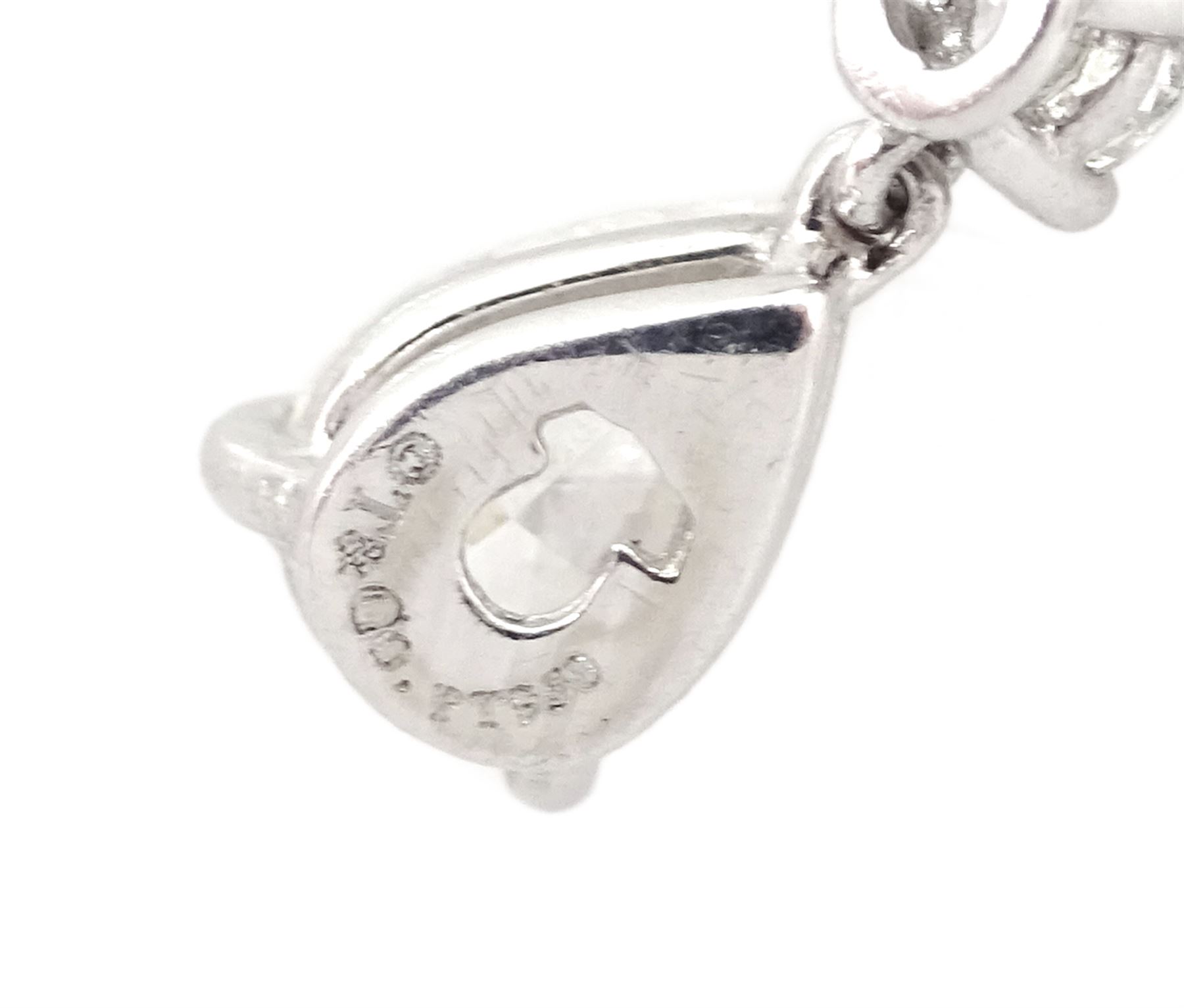 Tiffany & Co pair of platinum pear cut and round brilliant cut diamond pendant earrings, stamped T&Co, PT 950, total diamond weight approx 1.60 carat