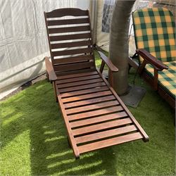 Pair teak recliner lounge chairs with cushions  - THIS LOT IS TO BE COLLECTED BY APPOINTMENT FROM DUGGLEBY STORAGE, GREAT HILL, EASTFIELD, SCARBOROUGH, YO11 3TX