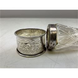 Group of silver, to include napkin ring, hallmarked Ce&Fd Ld, together with various stamped silver lidded and collared cut glass and brush etc