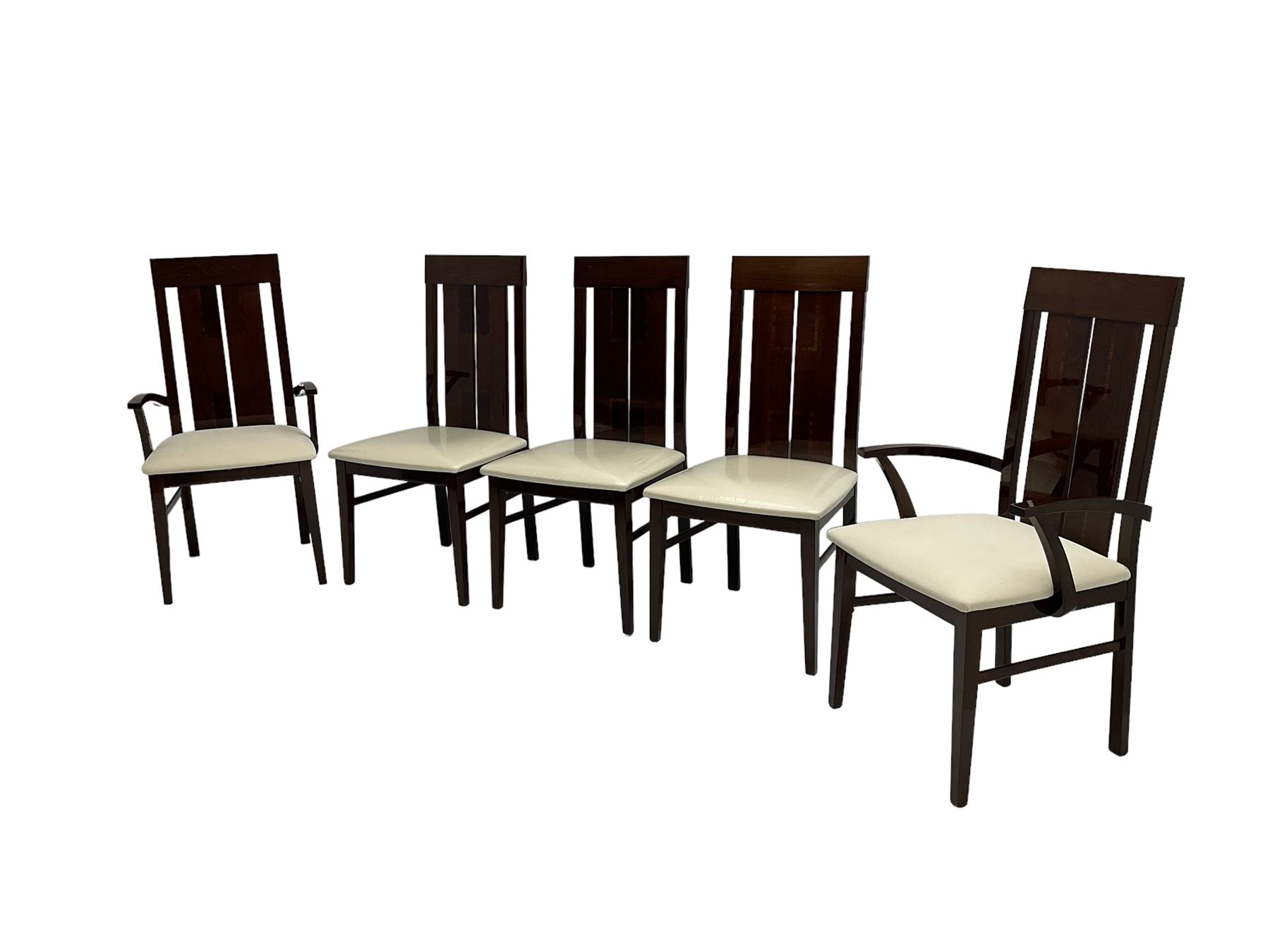 Large American walnut rectangular dining table on square block supports, together with set eight high back dining chairs with cream upholstered seats, the top and chair backs with matching inlaid geometric banding