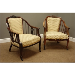  Pair Victorian walnut framed open arm armchairs, with carved cresting rail and pierced and carved splats, upholstered sprung seat  