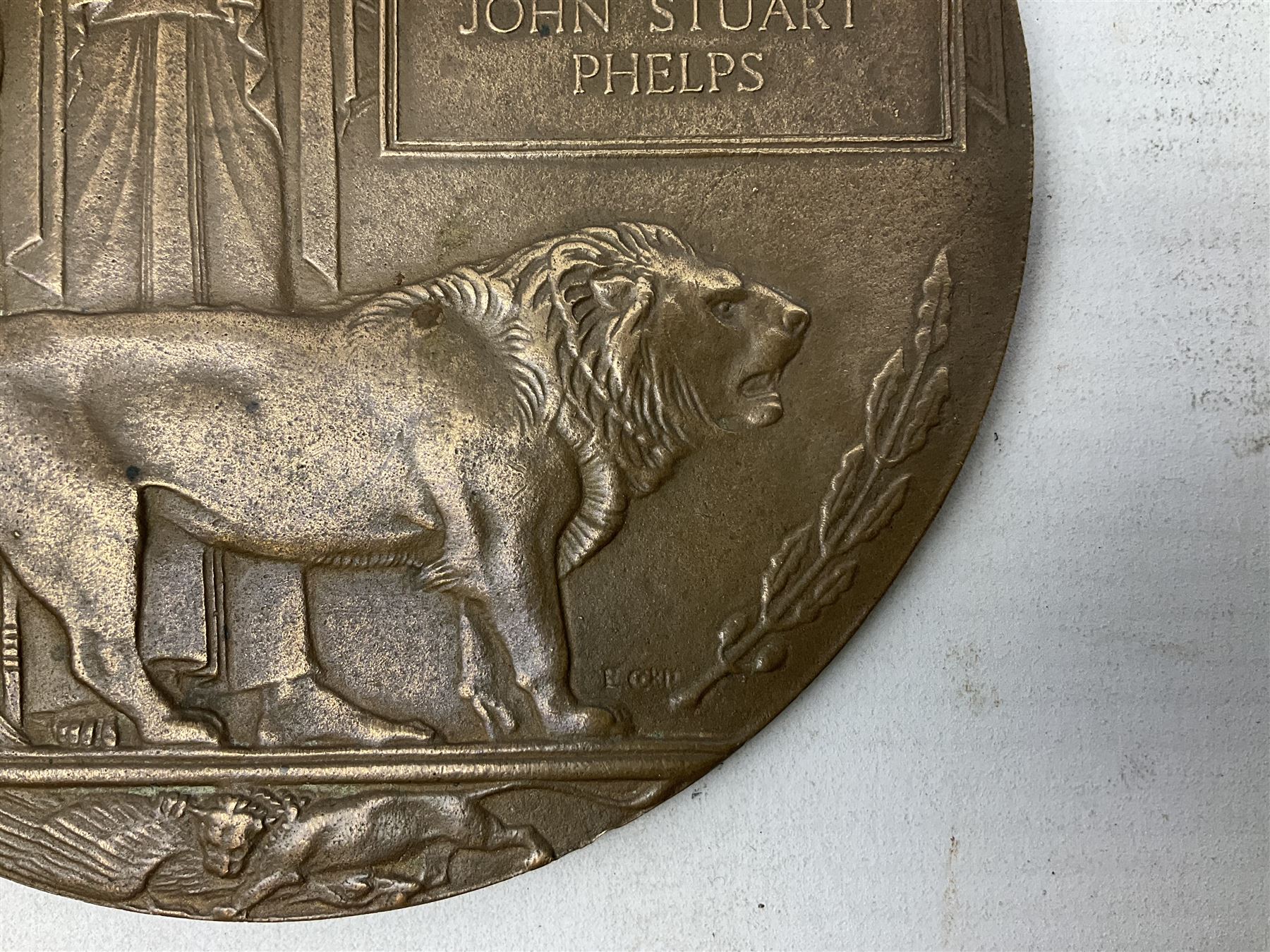 WWI bronze death plaque - John Stuart Phelps