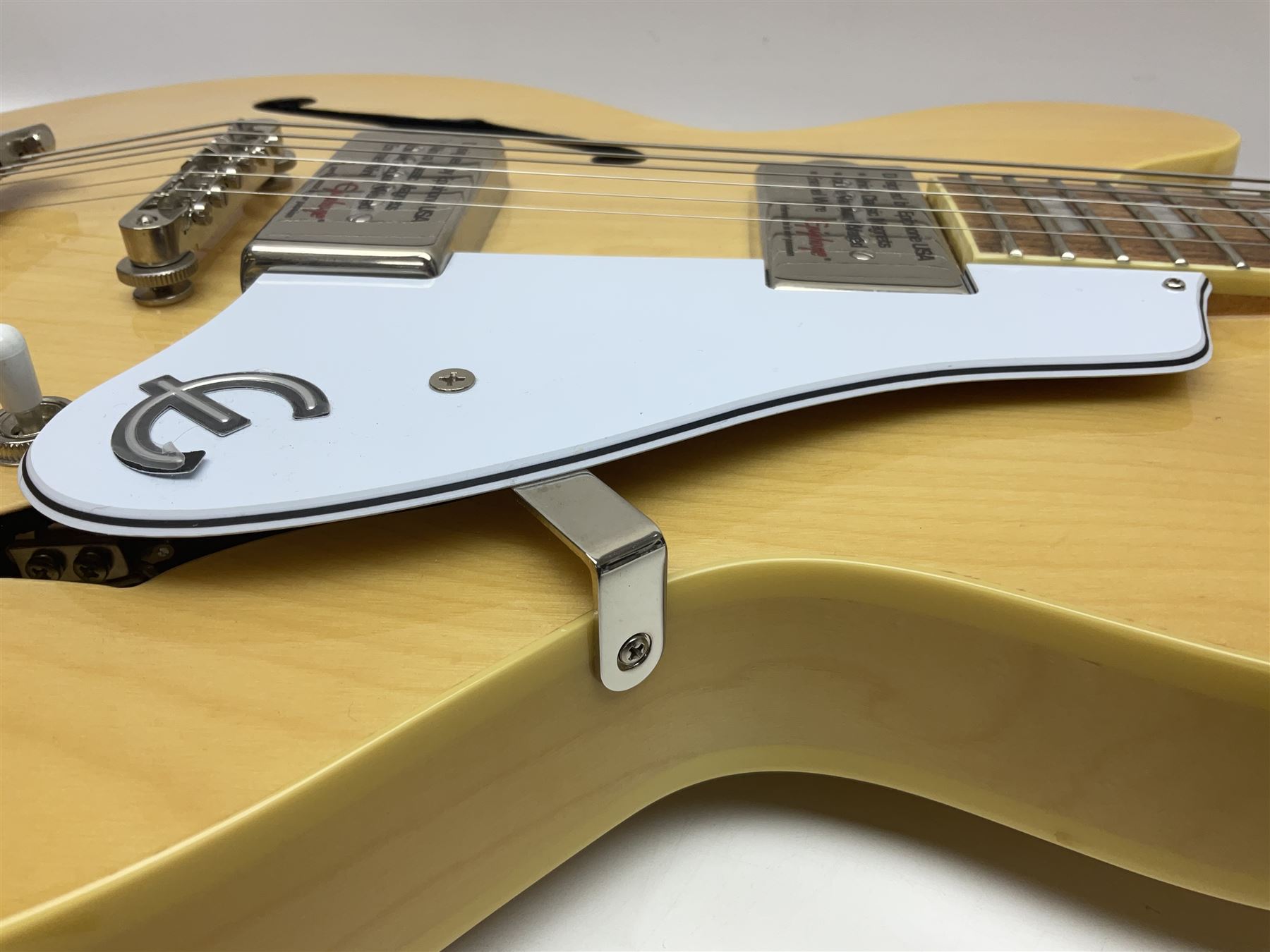 Epiphone Casino NA semi-acoustic guitar with natural maple finish and P90 pick-ups, serial no.19061529340, L105cm overall; in original hard carrying case