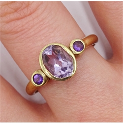 9ct gold oval and round amethyst rubover set ring, hallmarked