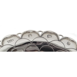 Silver Art Deco christening mug, engraved decoration by Stower & Wragg Ltd, Sheffield 1939, silver scalloped design, pedestal bon bon dish by Mappin & Webb, Sheffield 1956 and a silver small dish by William Comyns & Sons Ltd, approx 9.5oz