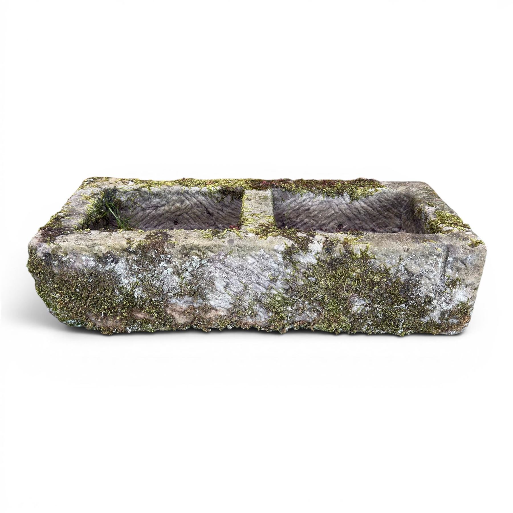 19th century weathered hewn stone double trough rectangular form with two divisions