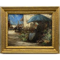 Mark Senior (Staithes Group 1864-1927): Elderly Lady outside a Fisherman's Cottage, oil on canvas signed 29cm x 40cm