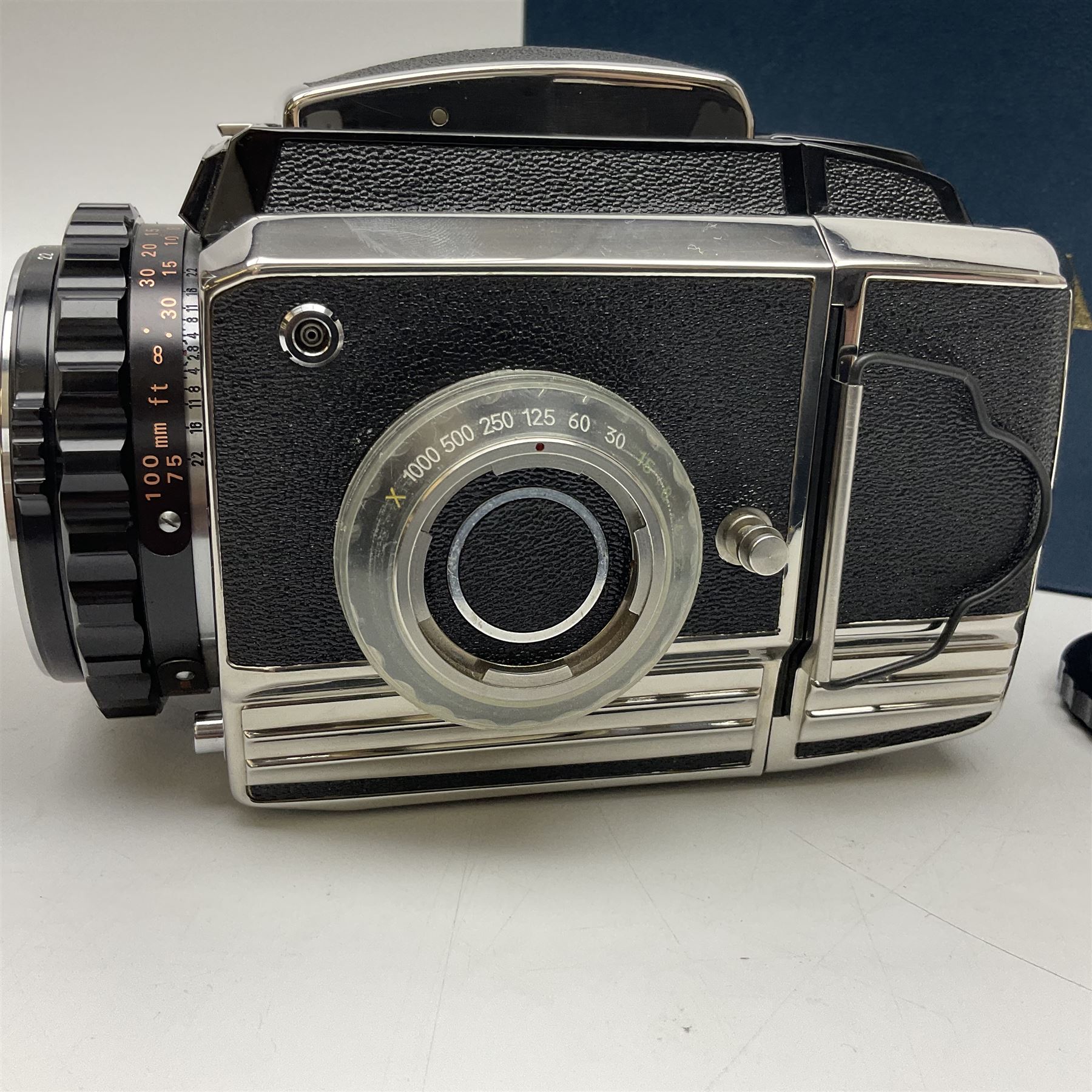 Bronica S2a, type 2 camera body, Serial no. CB152124, with 'Nikon NIKKOR-P 1:2.8 f=75mm' lens, serial no. 190143, in original box 