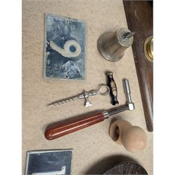 Avery Brass balance scales with weights on wooden plinth, Cannon grinding wheel, wheelwright's wooden traveller etc