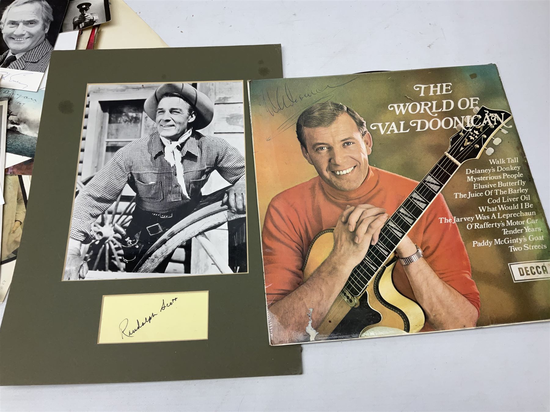 Over five-hundred and fifty autographs and signatures on cards, letters, posters, a book, photographs etc including Jefferson Davis, Lyndon B. Johnson, Orson Welles, Mary Pickford, Mickey Rooney, Peter O'Toole, Julie Andrews, Debbie Reynolds, Diana Dors, Alain Delon, Christiaan Barnard, Monica Lewinsky, Clifford Bax, Dom Mintoff, Pierre Trudeau, Margaret Truman, Marie Stopes, Havelock Ellis, Alfred Piccaver, Elisabeth Schumann, James Doolittle, Will Hays, Jesse Lasky, Billie Whitelaw, Megan Lloyd George, Leni Riefenstahl, Princess Anne & Captain Mark Phillips, Princess Alexandra of Kent & Angus Ogilvy, Prince & Princess Michael of Kent, Laurence Olivier, Leslie Caron, Lillian Hellman, Roddy Doyle, Max Mosley, Charlton Heston, Jerry Lewis, Jeremy Brett, Tallulah Bankhead, Russell Braddon, Marc Chagall, Roy Jenkins, Beatrice Webb, Olave Baden-Powell, Samuel Hoare, Leslie Hore-Belisha, Amelita Galli-Curci, Joan Miro, Tony Blair, Beryl Cook, Giles etc