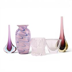Studio art glass of baluster form, decoration with pulled feather design in purples and blues, together with Strombergshyttan vase, of tapering form with etched Viking boat design, two Murano bud vases, and one others