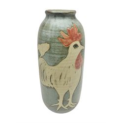John Egerton (c1945-): studio pottery stoneware vase, decorated with chickens on a blue ground, H37cm