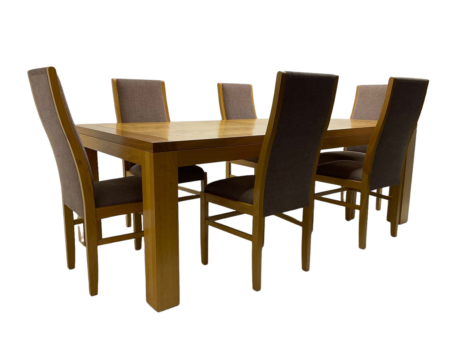 Large pippy oak rectangular dining table, square block leg, and six high back upholstered chairs, retailed by Chapmans of Newcastle