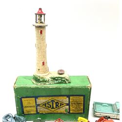 Astra die-cast model of an 'electrically illuminated' lighthouse H15cm, boxed with inner packaging; and quantity of unboxed die-cast models including Dinky Spectrum Patrol Car, NSU Ro80, Chevrolet El Camino, Ferrari 312B racing car etc; Lesney, Matchbox, motorcycles, cars, farm vehicles etc