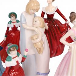 Collection of Royal Doulton figures including Autumn Stroll, April, Cinderella, The old Balloon Seller, Reflections etc 