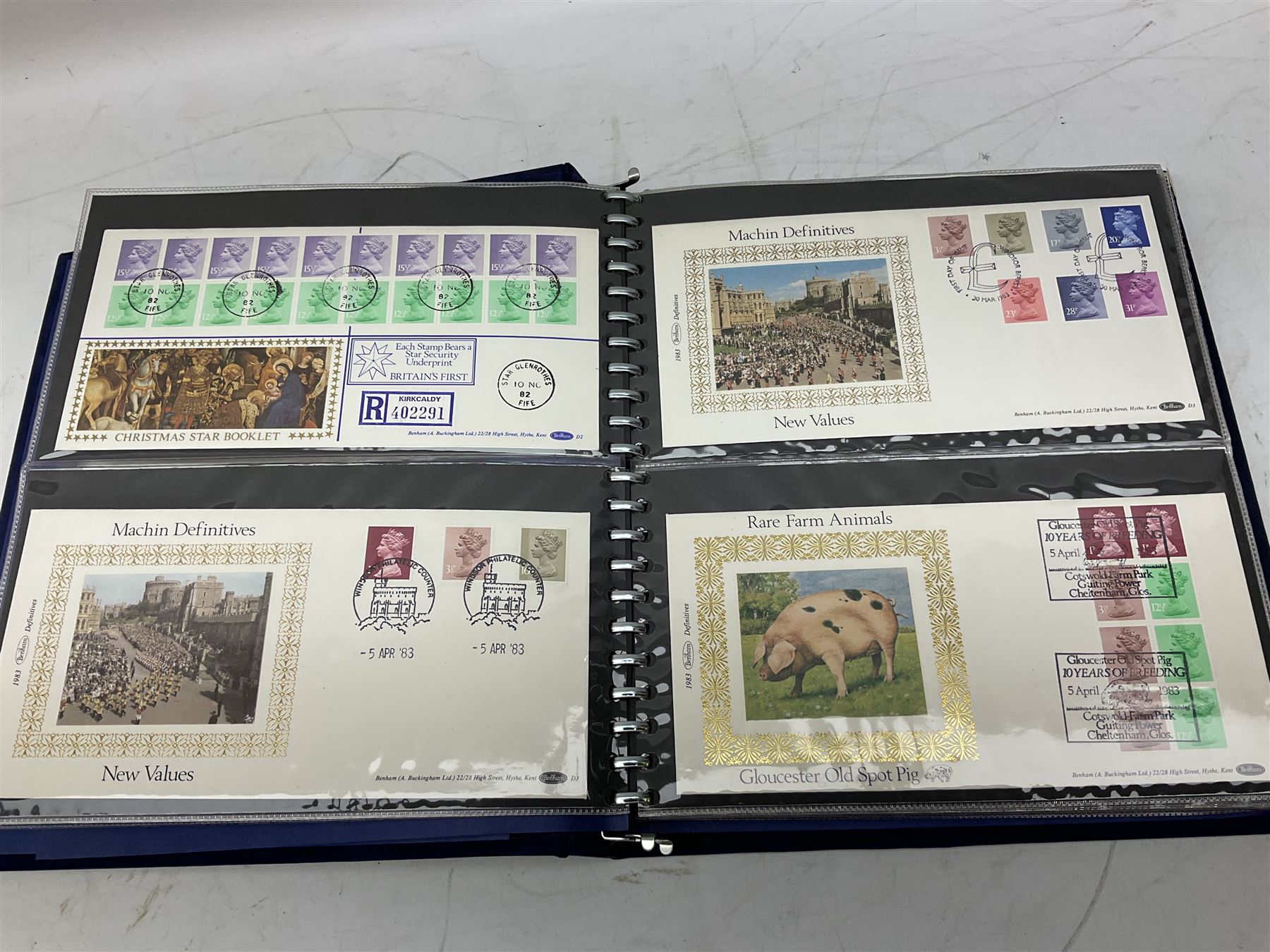 Mostly Benham first day covers and post cards, including 'Christmas 1983', 'The City of Edinburgh', 'British Cattle', 'The Cornish Riviera', 'British Insects' etc, housed in eight folders