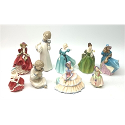 A group of seven Royal Doulton figurines, comprising Celeste HN2237, Day Dreams HN1731, Fleur HN2368, Top o' the Hill HN1834, Delphine HN2136 (a/f), Peggy HN2038, Babie HN1679, together with a Nao figurine, and a Zaphir figurine, (Spanish examples a/f). 