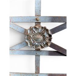 19th century Regency design painted wrought iron country estate gate, strapwork detail with five cast motifs, stamped W & J Rodenhurst, Drayton