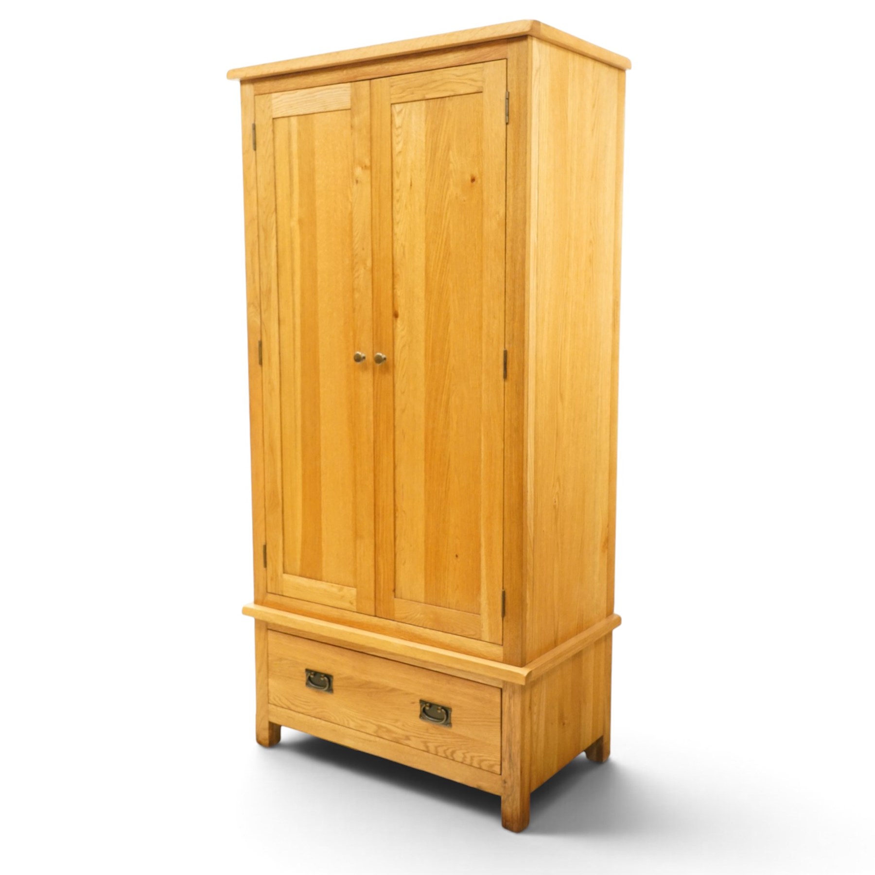 Contemporary light oak double wardrobe, fitted with two panelled cupboards over single drawer