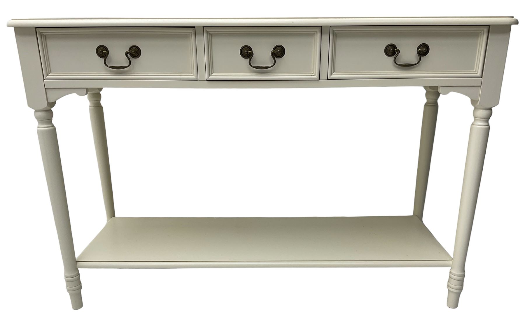 Laura Ashley - 'Clifton' ivory finish three drawer console table, fitted with three frieze drawers with heavily moulded edges, raised on turned supports united by undertier