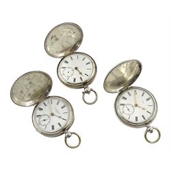 Two Victorian silver full hunter lever going barrel pocket watches by H. Samuel, Manchester and Stanton, Ampthill and one Victorian silver full hunter lever fusee by M.Klean & Co, London, all with white enamel dials and Roman numerals, hallmarked (3)